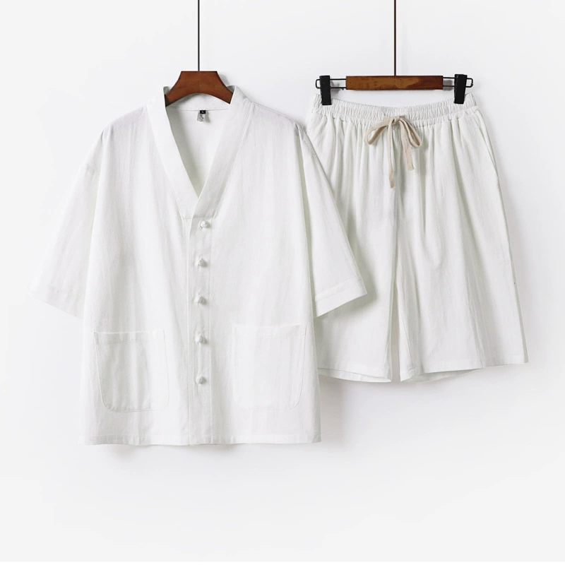 Летний тонкий льняной костюм в китайском стиле, мужской китайский костюм Тан, хлопковый и льняной двухсекционный чайный костюм в стиле ретро, ​​мужской костюм, мужская одежда