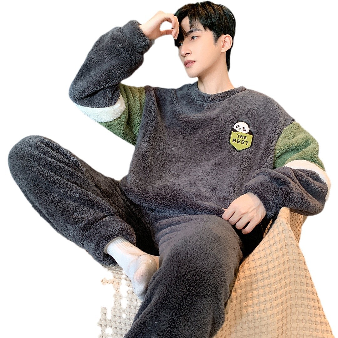 Pijamas de peluche de invierno para hombres guapo simple dibujos animados panda de peluche grueso ropa de casa de dos piezas