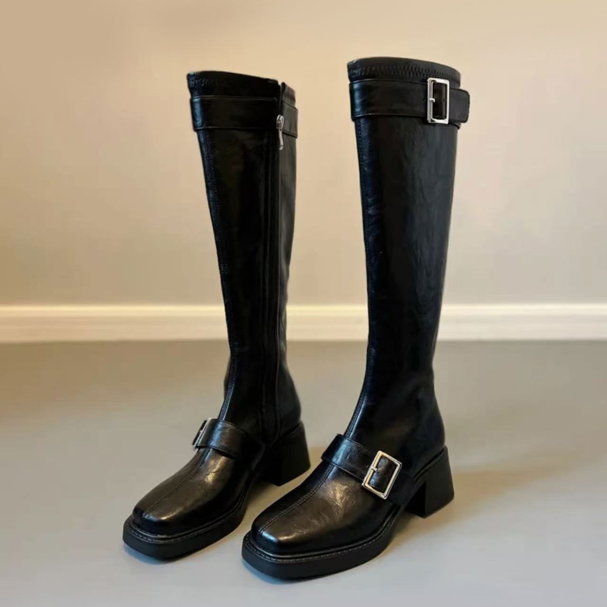 Thick Heel High Boots for Women 2025 Winter New Metal Buckle Knight Boots Women's Leather Boots Square Toe Retro Fashion Boots