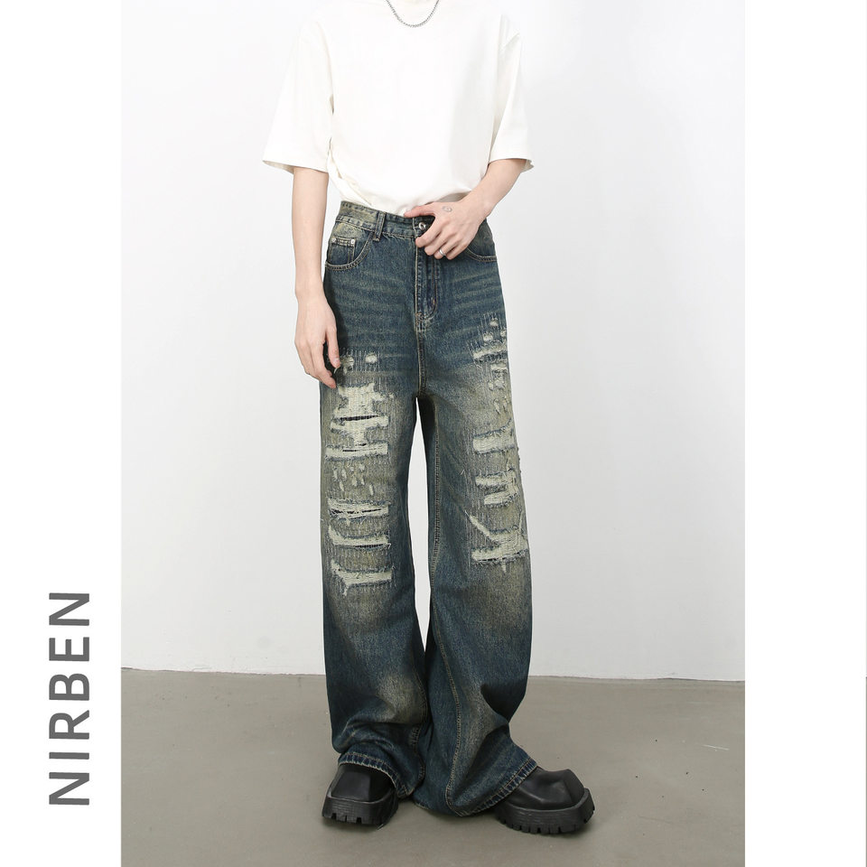 Quần jean nam ống rộng denim rách giặt cũ phong cách đường phố — Màu xanh lam, Đen xám