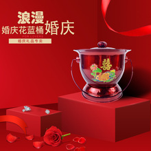 手提不锈钢痰盂 带盖红色喜庆用品带盖夜壶尿壶结婚陪嫁花蓝桶