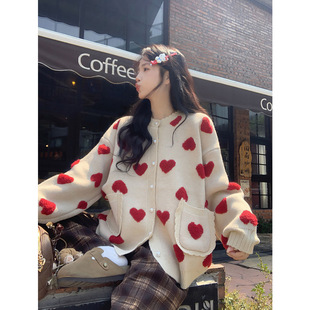 Wholesale Large Size Korean Style Three-Dimensional Love Cardigan Sweater Autumn and Winter Loose and Versatile Lazy Style Long-Sleeved Knitted Jacket