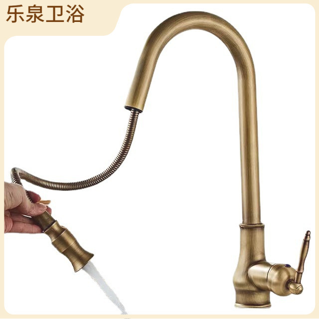 Transfronterizo retro de estilo Europeo tirón grifo antiguo cepillado oro color vegetal cuenca tirar de la cocina grifo caliente y fría