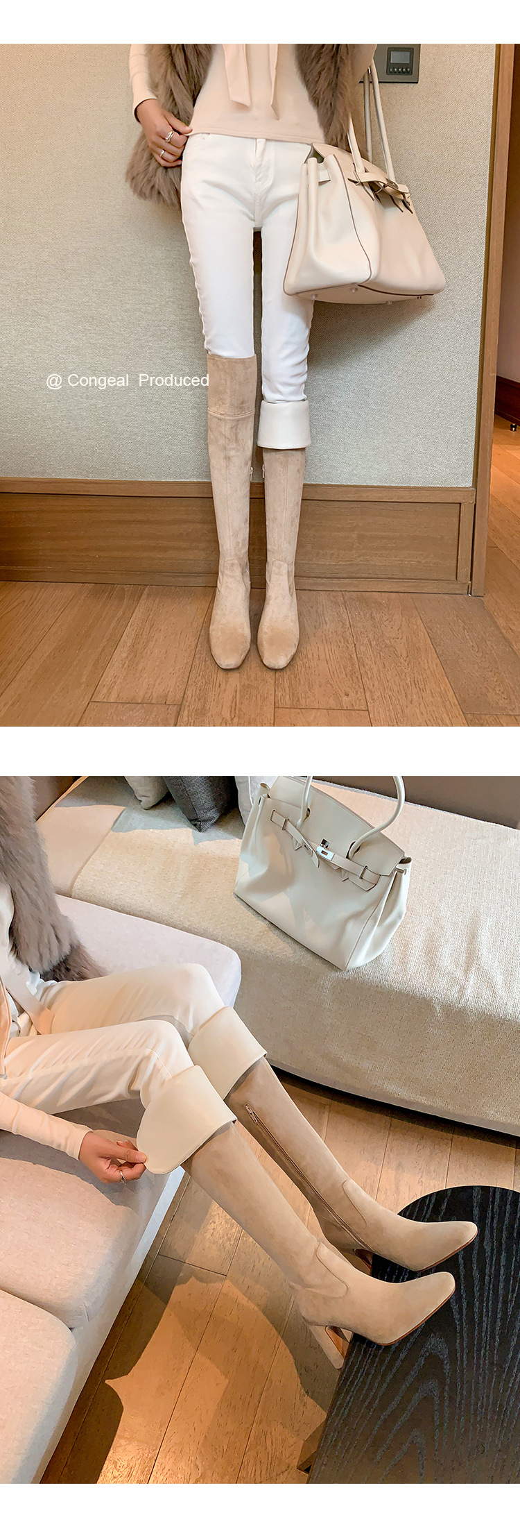 Boot nữ cổ cao quá gối mũi vuông gót thô 5 cm phong cách Hàn Quốc, có thể gập ống — Lớp lót nhung ống nhỏ màu đen 5cm chi tiết 16