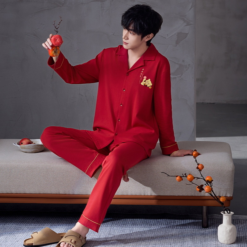 Pijama de hombre primavera y otoño de algodón rojo pantalones de manga larga para niños 2024 nuevo estilo de ropa de hogar de verano