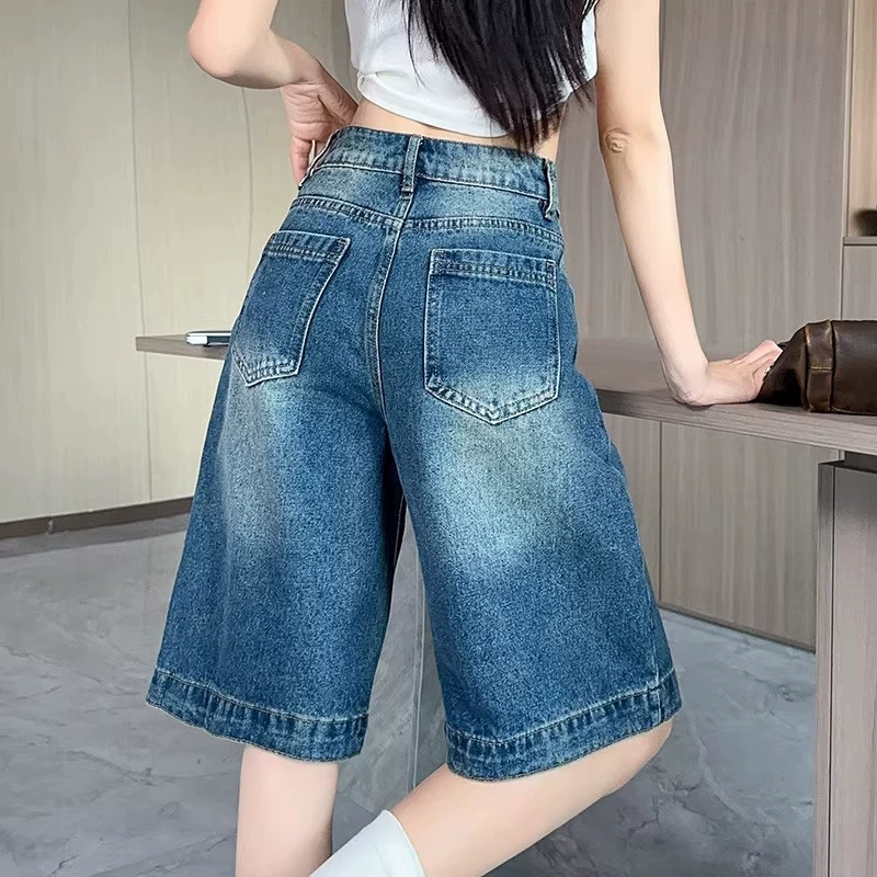 Джинсовые шорты-брюки, высокая талия, свободный oversize крой в корейском стиле, синие