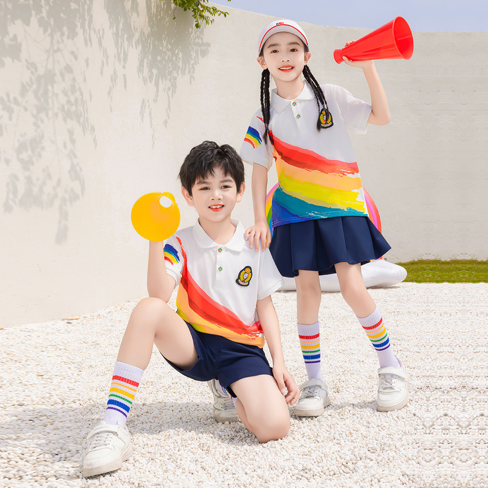 校服套裝小學生夏季短袖幼兒園園服夏款兒童運動會彩虹班服三件套