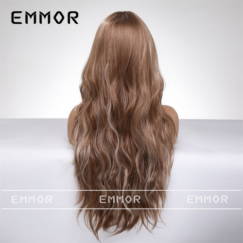 European and American medium-parted long curly wig for women, hair hanging ear highlights, fluffy big waves, mixed brown hair color, full headband style