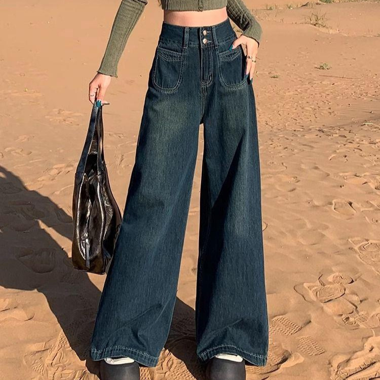 Vintage Hong Kong Style Wide-Leg Spring-Summer Slimming Jeans for Women 2026 High-Waisted New Straight Loose Drapey Floor-Length Pants