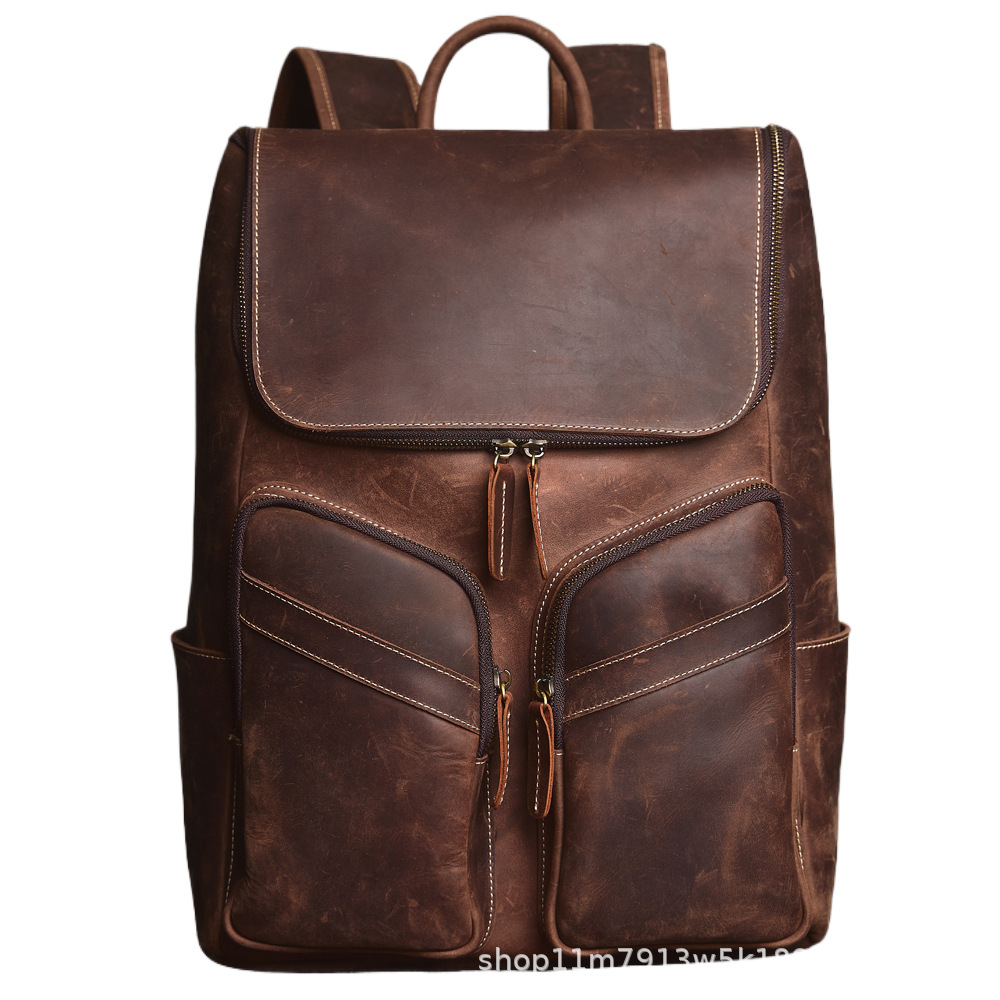 Venta al por mayor transfronteriza de mochilas de piel de caballo loca retro bolsos de cuero multipropósito al aire libre para hombres bolsos de computadora de 14 pulgadas para hombres