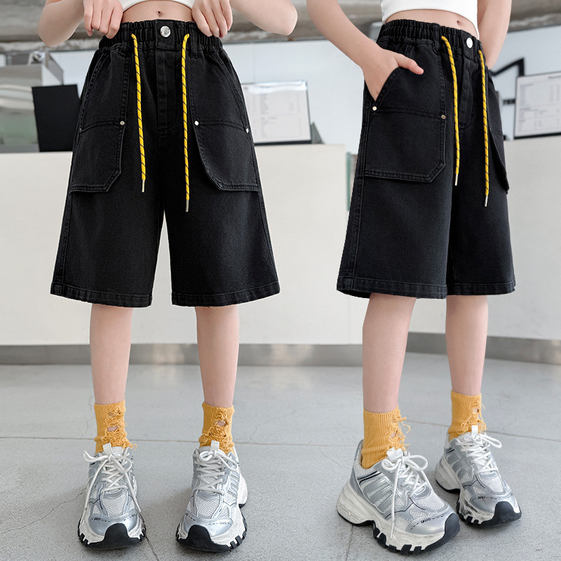 Girls' Summer Thin Shorts 2025 New Summer Outfit Big Kids Cargo Black Denim Mid-Length Children's Pants Summer