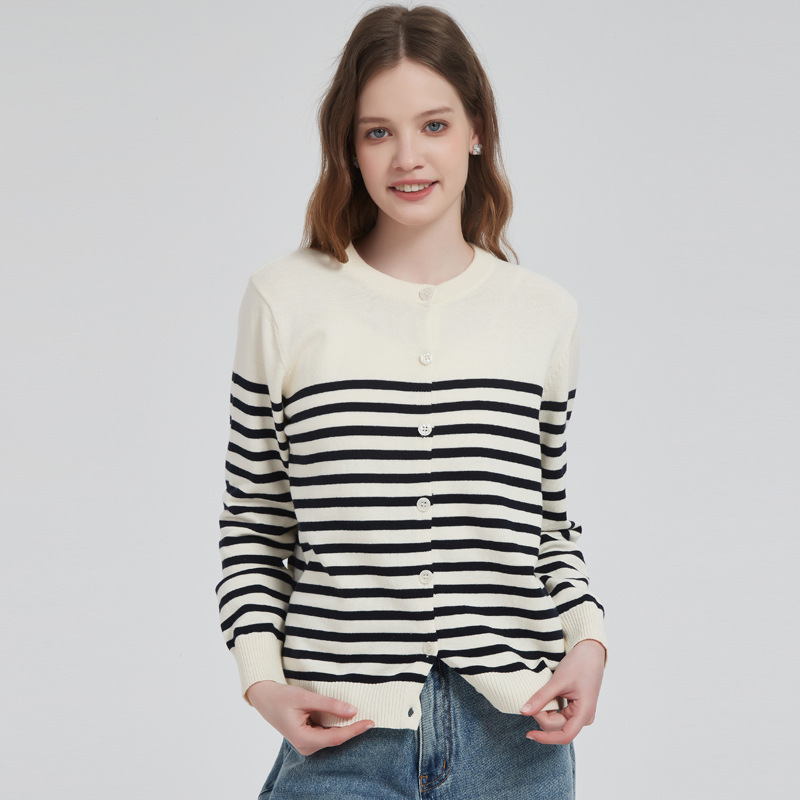 2025 Spring and Autumn Pure Cotton Women's Cardigan Off-White Striped Knitted Tops Women's Top Thin Striped Sweater Women 2025 Spring and Autumn Pure Cotton Women's Cardigan Off-White Striped Knitted Tops Women's Top Thin Striped Sweater Women