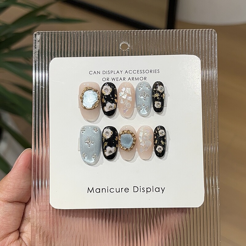 Taoxili【Gem Blue Nocturne】Vintage Oil Painting Light Luxury Nude Pink Milk Blue Silver Foil Black Gold Flower Handmade Wearable Nails