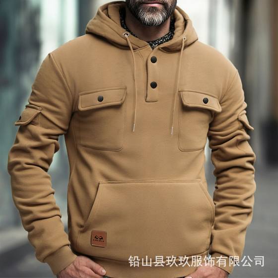 Cross-border Amazon Fall/Winter New plus size Sweater Button Multi-pocket Sweater Hoodie fleece-lined Workwear Jacket