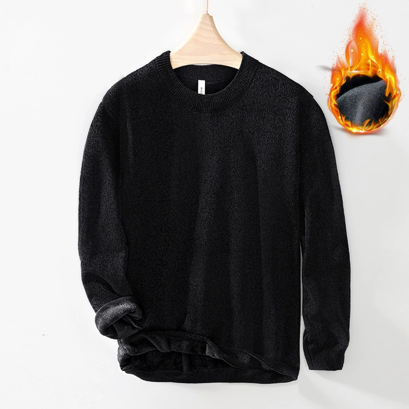 L087 Зимний однотонный теплый свитер с круглым вырезом на флисовой подкладке, утепленная вязаная рубашка, базовый свитер, Мужской Цельный волос