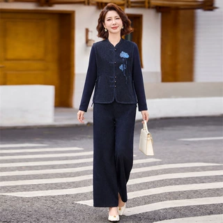 妈妈装套装秋三件套中老年女士休闲服装40-60气质新中式女装中年