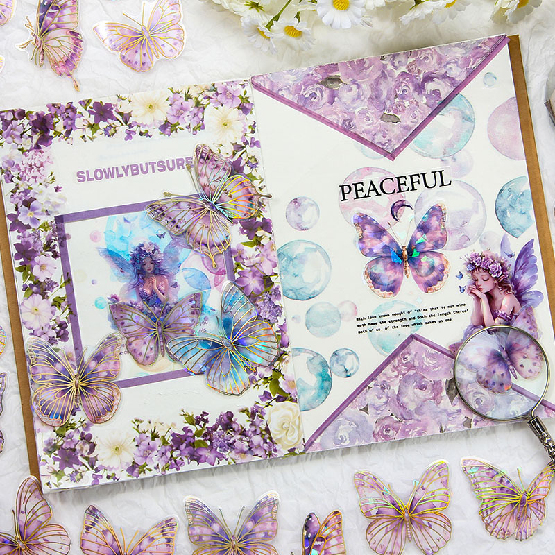 Dream Butterfly Shadow Dance Laser estampado pegatinas paquetes transparentes impermeables pegatinas de mano pet pegatinas de mariposa retro transfronterizas