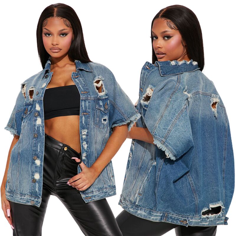 3536 Autumn and Winter New Internet Celebrity Same Style Distinctive Distressed Ripped Mid-length Retro Short-sleeved Jacket Denim Jacket