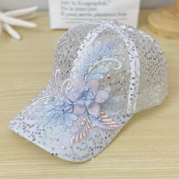 Korean Style Ins Thin Lace Mesh Hollow Breathable Sequin Baseball Cap for Women, Summer Sunshade Versatile Duckbill Cap