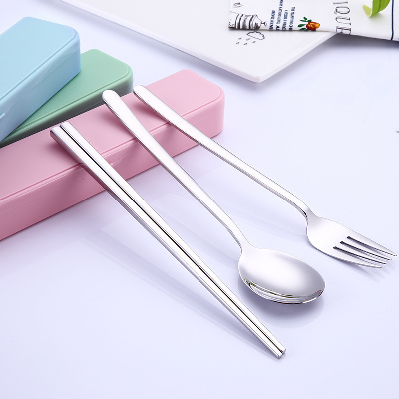 In-stock Korean-style 304 stainless steel cutlery set: chopsticks, spoon, and fork three-piece set for students, portable for outdoor travel In-stock Korean-style 304 stainless steel cutlery set: chopsticks, spoon, and fork three-piece set for students, portable for outdoor travel