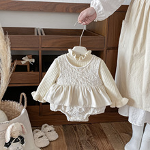 点兮冬季新款婴幼儿提花绗棉加绒哈衣套装女宝宝包屁衣毛衣两件套