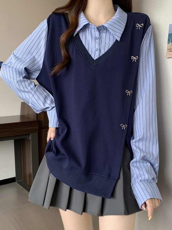 2025秋季新款设计感拼接蓝色条纹衬衫大码女装胖mm假两件长袖上衣|undefined