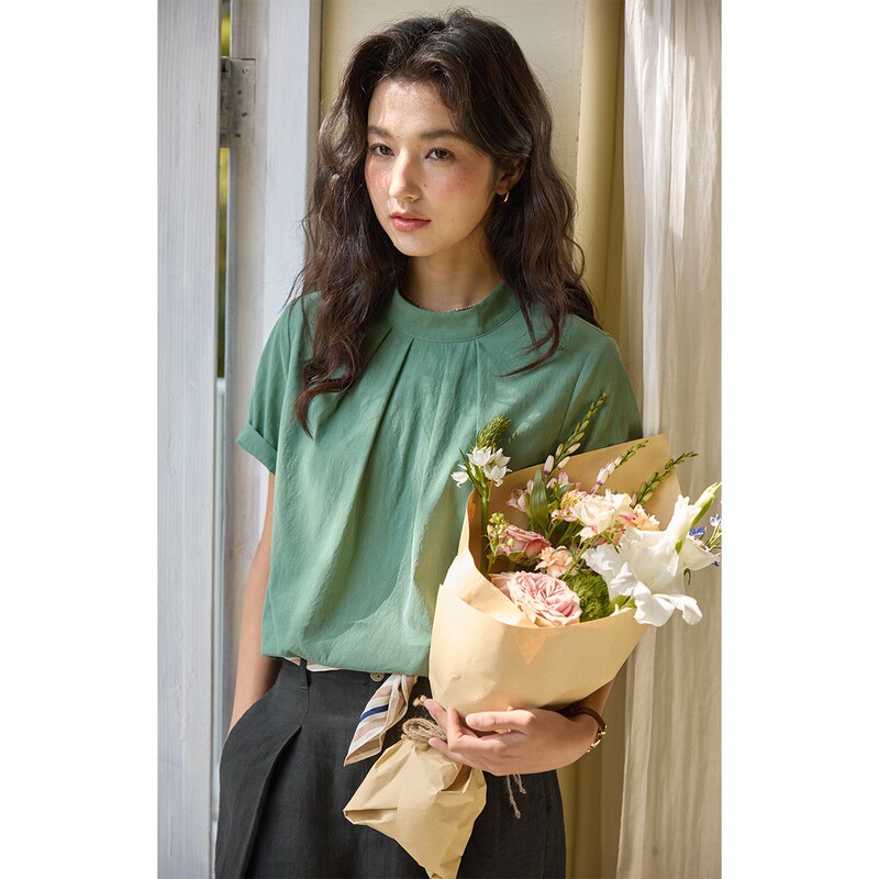 solighter French Lyocell Green Collar Strap Shirt Women Summer