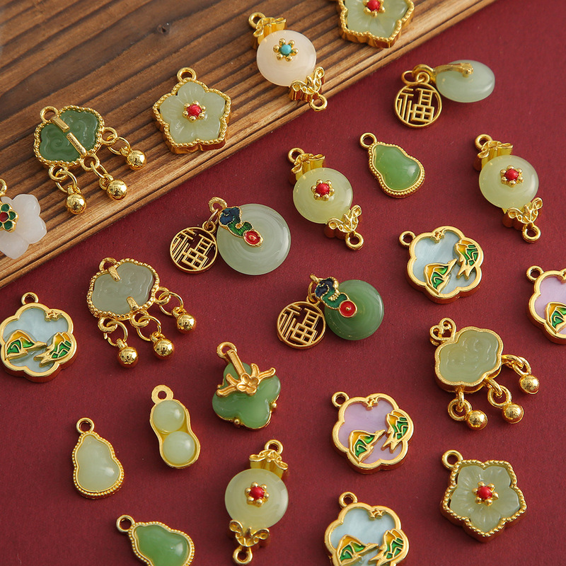 Chinese Style Alloy Inlaid Imitation Jade Safety Buckle Gourd Crystal Pendant DIY Bracelet Earrings Pendant Jewelry Accessories