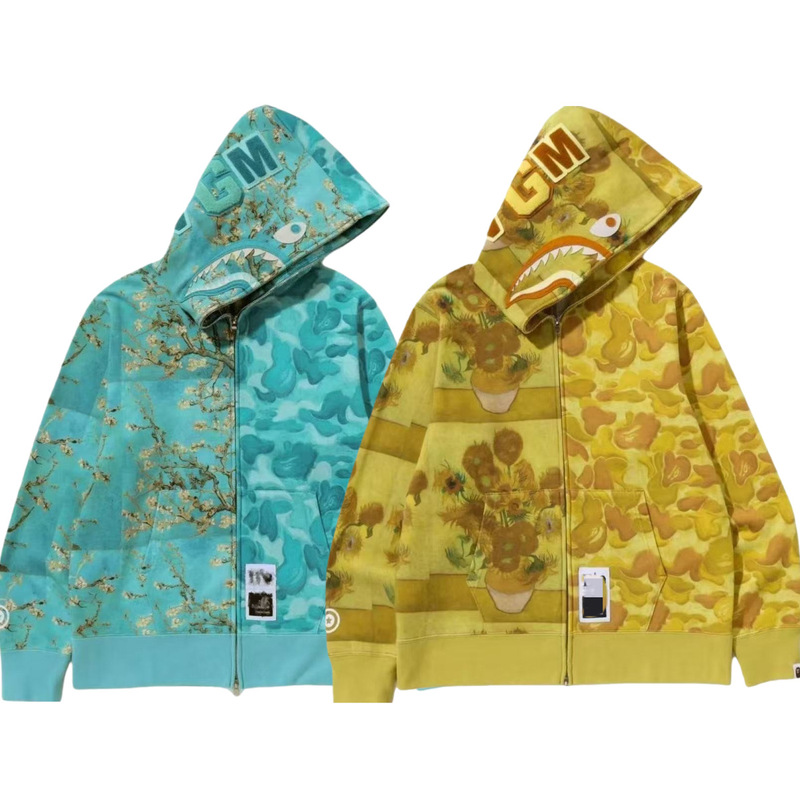 2025 Autumn and Winter American Couple Style Shark Japanese Style Trendy Brand Shark Mint Mambo Sunflower Pattern Hooded Sweatshirt