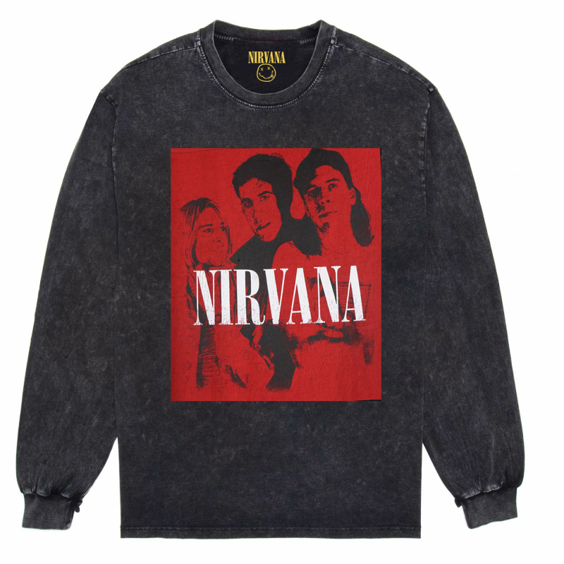 Nirvana Vintage American retro apenado rock punk angustiado lavado batik Camiseta de manga larga