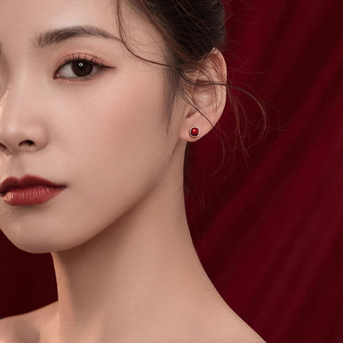 Ganjia 925 Silver Red Bean Earrings Retro Chinese Style Earrings New Year Red High-end Ear Jewelry Women's New Year Trend