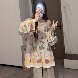 韩系慵懒风撞色印花长袖圆领T恤女夏天薄款防晒罩衫宽松休闲上衣