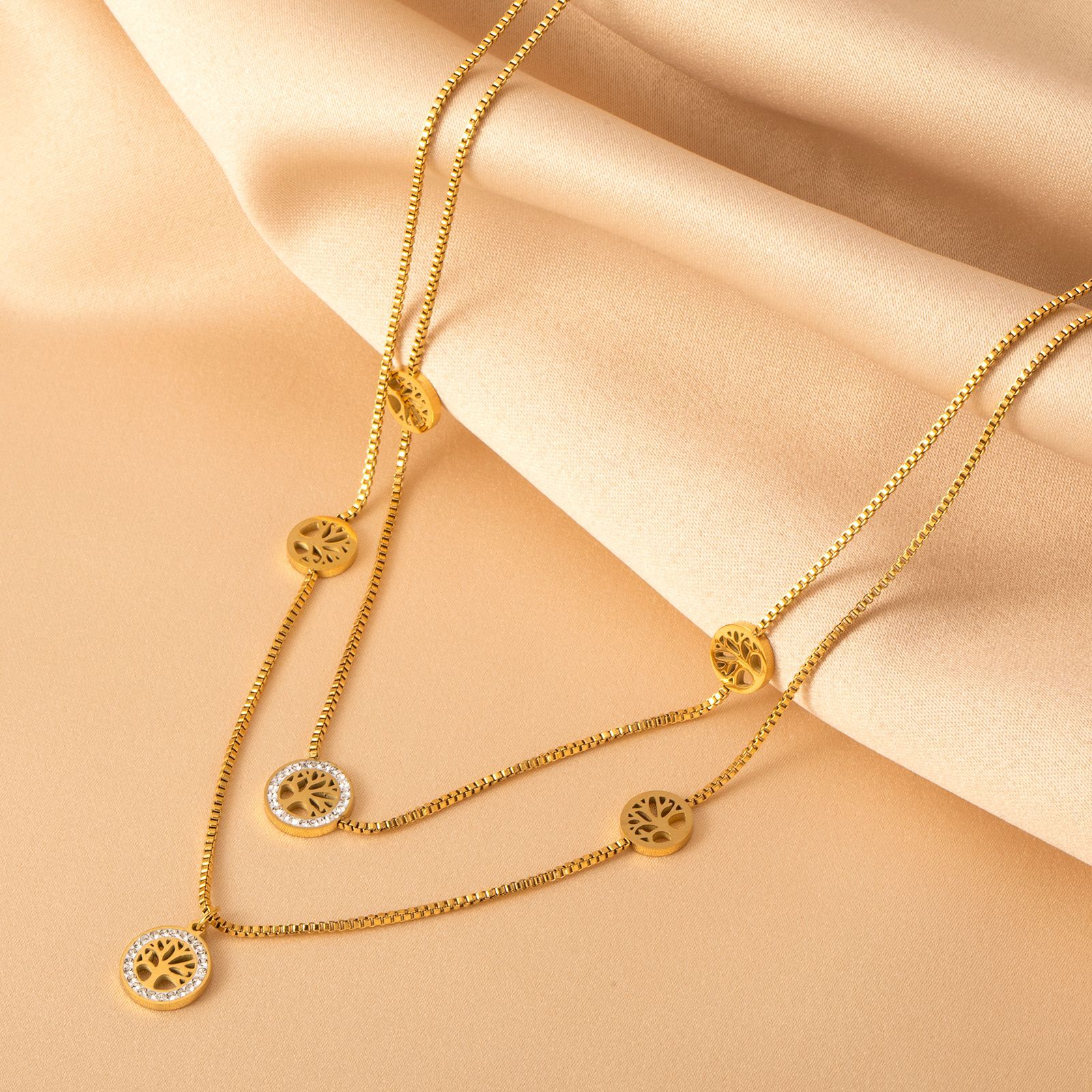 Ethnic Style Tree Stainless Steel Titanium Steel Plating Hollow Out Inlay Zircon Layered Necklaces 1