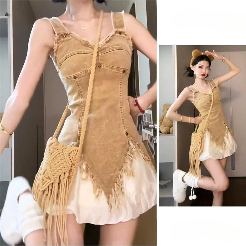 Pure Desire Ретро Ковбойский костюм на подтяжках для девочек, американский жилет, летний топ с необработанными краями, юбка-бутон, комплект из двух предметов