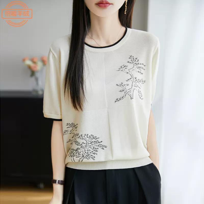 圆领莱赛尔天丝针织短袖女撞色国风绘画T恤衫夏季新款薄体恤上衣