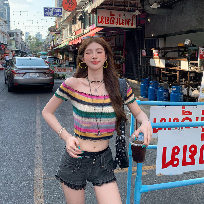 Korean Style One-Shoulder Short-Sleeved T-Shirt for Women in Summer Dopamine Rainbow Striped Hot Girl Style Short Slim Fit Off-The-Shoulder Top Korean Style One-Shoulder Short-Sleeved T-Shirt for Women in Summer Dopamine Rainbow Striped Hot Girl Style Short Slim Fit Off-The-Shoulder Top
