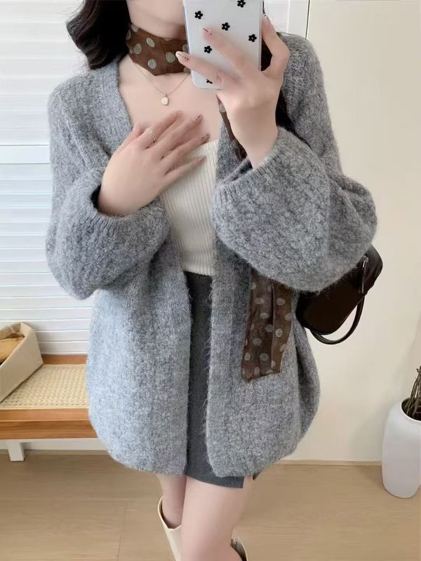 欧美跨境中长款毛衣女外套秋冬季新款纯色休闲慵懒风宽松针织开衫|undefined