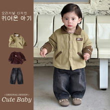 韩系小男孩翻领棉衣外套加绒裤2岁男宝宝套装冬季外出服a类三件套