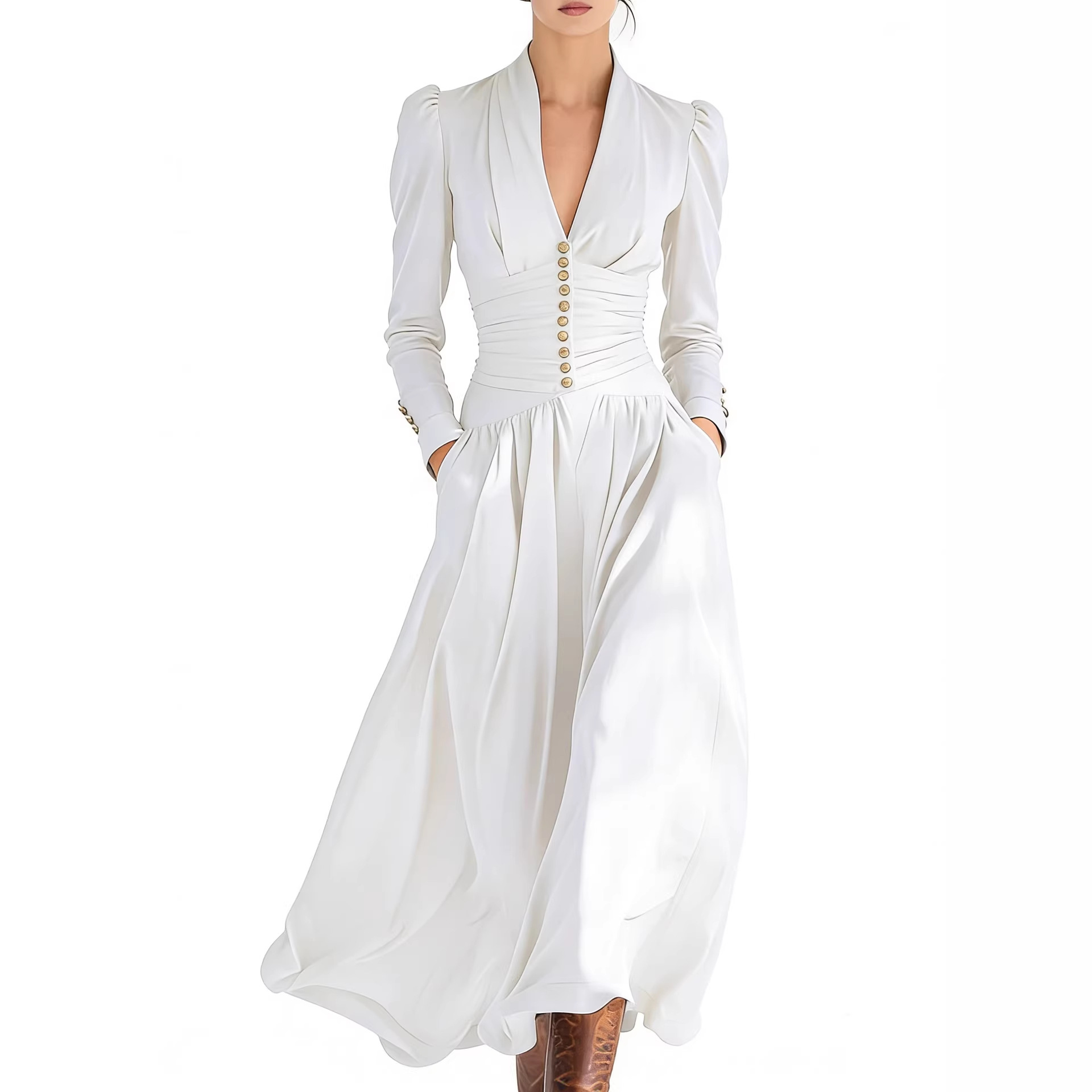Elegant Waist Cinching V Neck Puff Sleeve Dress Full Skirt Women's Clothing_ecoleips.com