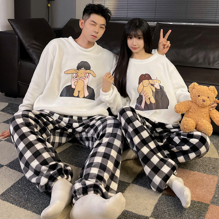 Pareja pijamas Otoño e Invierno arroz polar cuello redondo dulce de dibujos animados forrado de lana gruesa de coral cálido se puede usar fuera traje