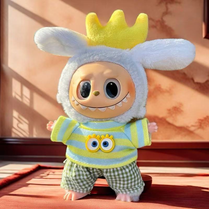 Nuevo conjunto de ropa y gorro de peluche con cara de "Sugar Glue" para muñecas, colgante de peluche, juguete Labuba, amuleto para bolso.