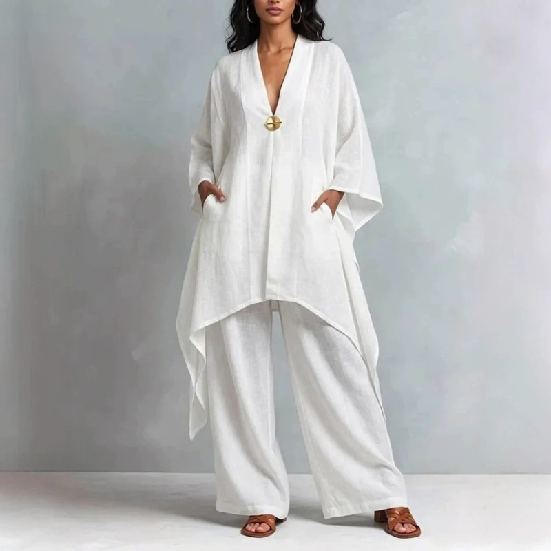 2026 European and American Cross-Border Autumn New Two-Piece Set for Women: Irregular V-Neck Batwing Sleeve Top and Wide-Leg Pants Set