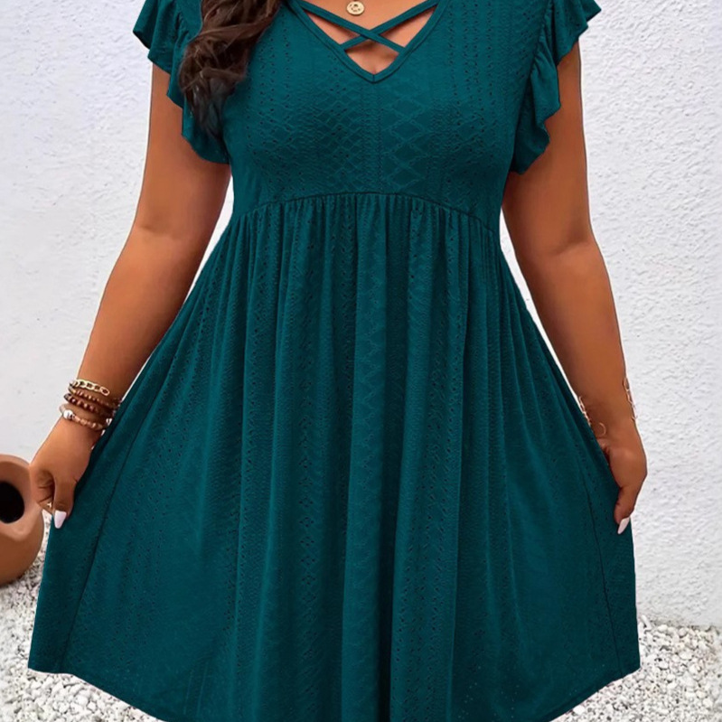 European and American Style V-Neck Ruffle Sleeve Plus-Size Short Dress, Loose Fit, Slimming Hollow-Out Dress, Wholesale Women's Clothing
