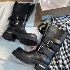 巴黎同款毒液爆款真皮长筒靴女厚底复古大头德比机车骑士靴子潮女