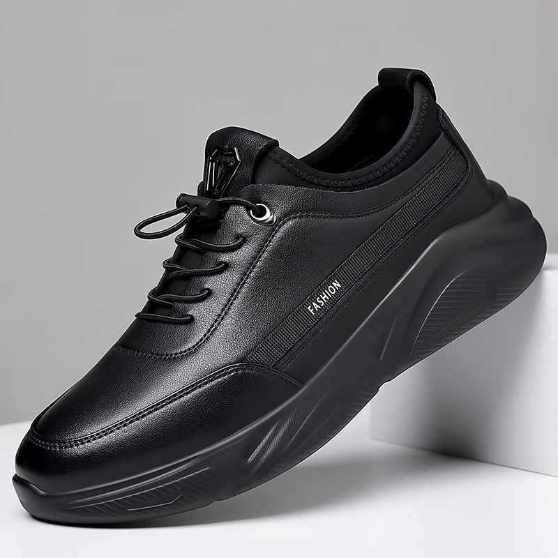 Giày nam sneaker da thật cổ thấp đế bệt thoáng khí chống trượt dễ phối đồ — Màu đen 19682, Bông đen 19682-2