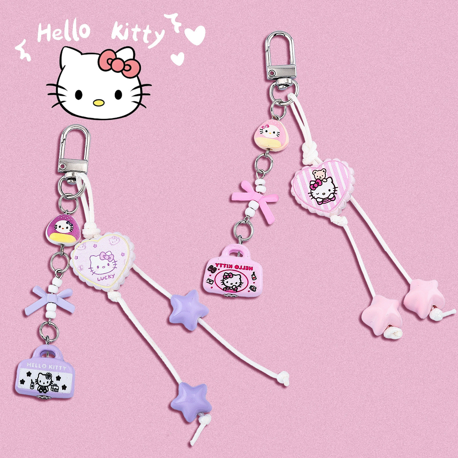 Набор браслета и брелока (Hello Kitty) с подвеской-бантиком, милые мультяшные подвески, assorted colors