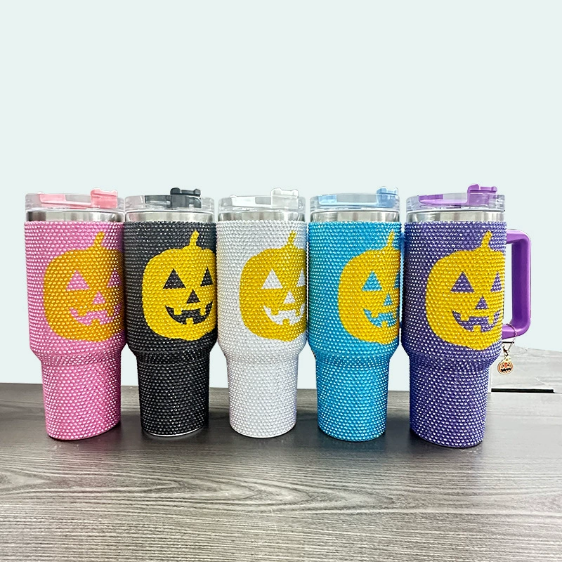 Трансграничная Хэллоуин вечеринка тыква лицо дрель термочашка 40oz большой емкости из нержавеющей стали страз автомобильный ледяной кубок