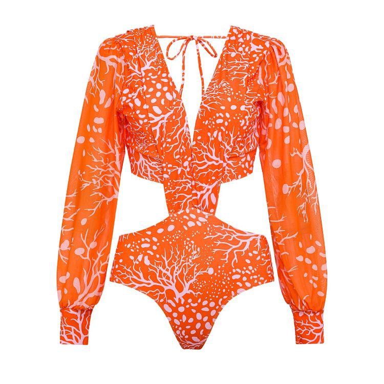 192g Weight Long Sleeve Sleeve Length Nylon, Polyester Fabric Type Regular Top Length Bodysuit Tops Type Swimming Occasion Deep V Neckline Skinny Fit Type Printing Pattern Women's Gender Hollow Out Design Sexy Style Women's Sexy Printing Hollow Out One Piece Swimwear 11