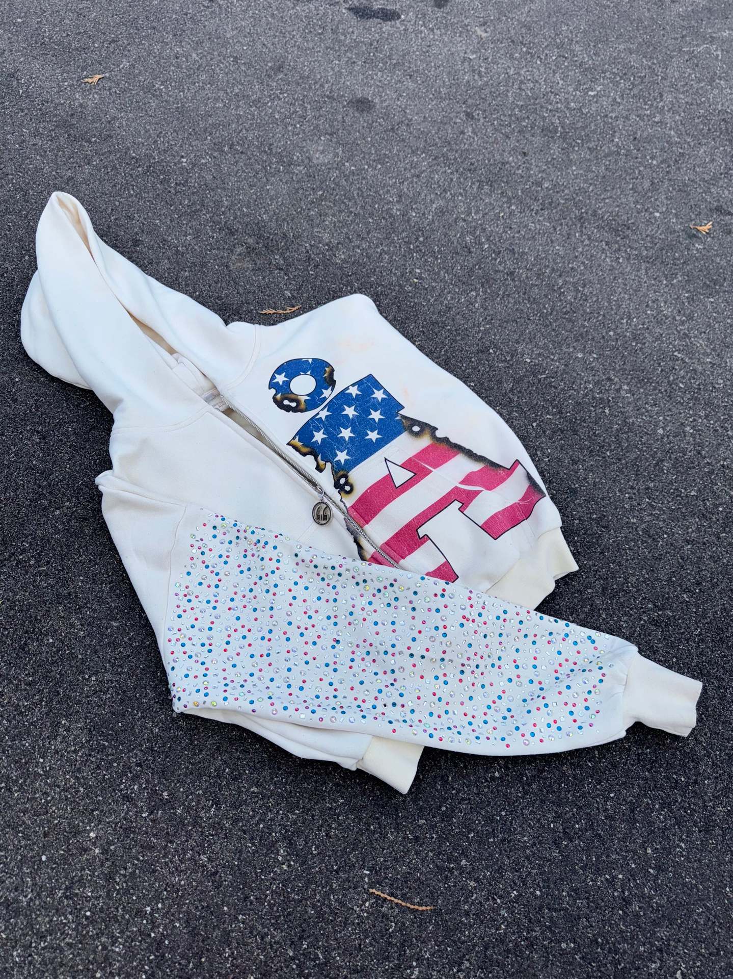 Cross-Border 2025 New Style Street Hip-Hop Double Quotes Iron Tower Print Rhinestone Zipper Hoodie