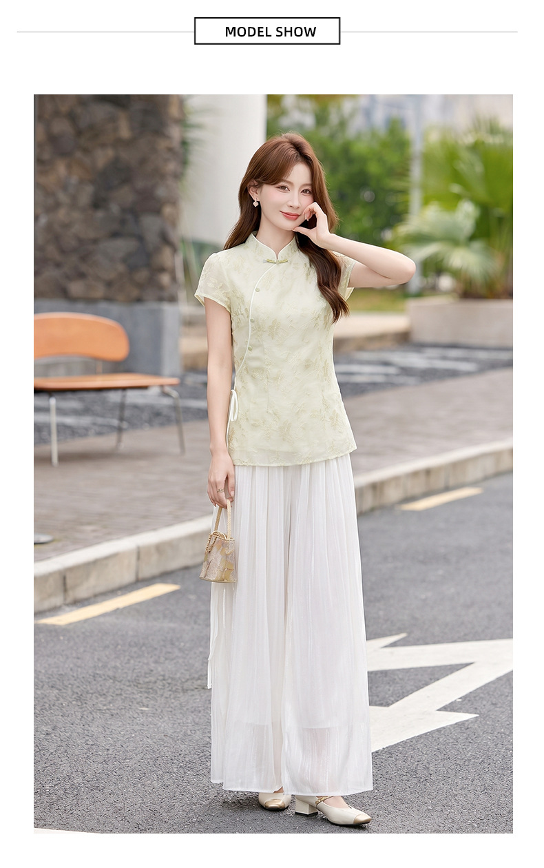 Bộ áo sơ mi cổ đức in họa tiết kết hợp quần dài hai mảnh nữ thời trang — Xanh lá cây nhạtcolor, Vàng nhạt chi tiết 22